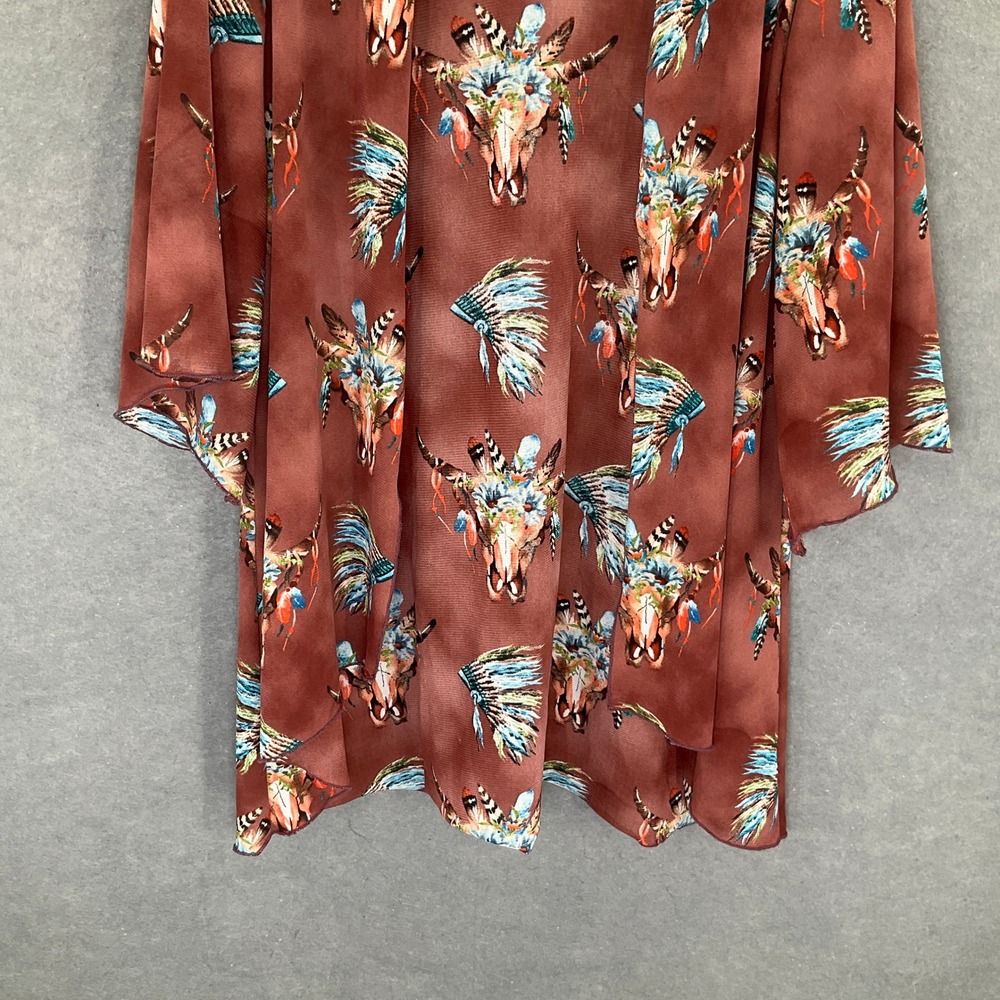L&B Lucky &‎ Blessed Kimono Duster Sz S Brown Bull Skull Headdress Boho Festival - Picture 6 of 12